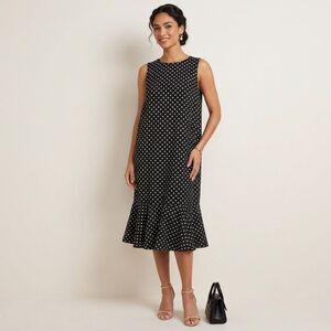 Bedford Fair Black White Polka Dot Sleeveless Trumpet Flounce Midi Dress 10